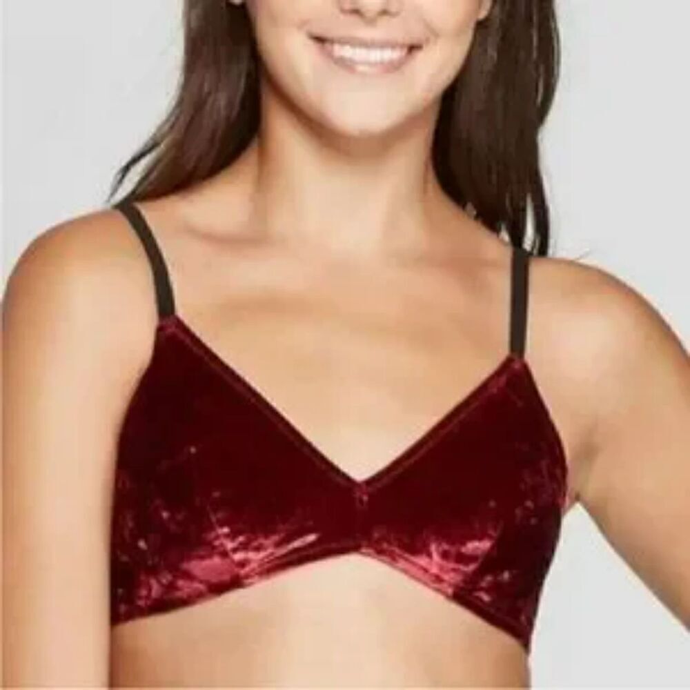 Colsie Dark Red Burgundy Crushed Velvet Holiday Bralette Pinup Bra - Size XS